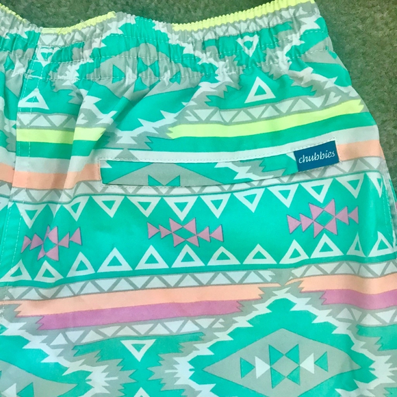 EUC Mens Chubbies Classic Swim Trunk The En Fuegos in Teal Geometric | Size Lg - Picture 3 of 9